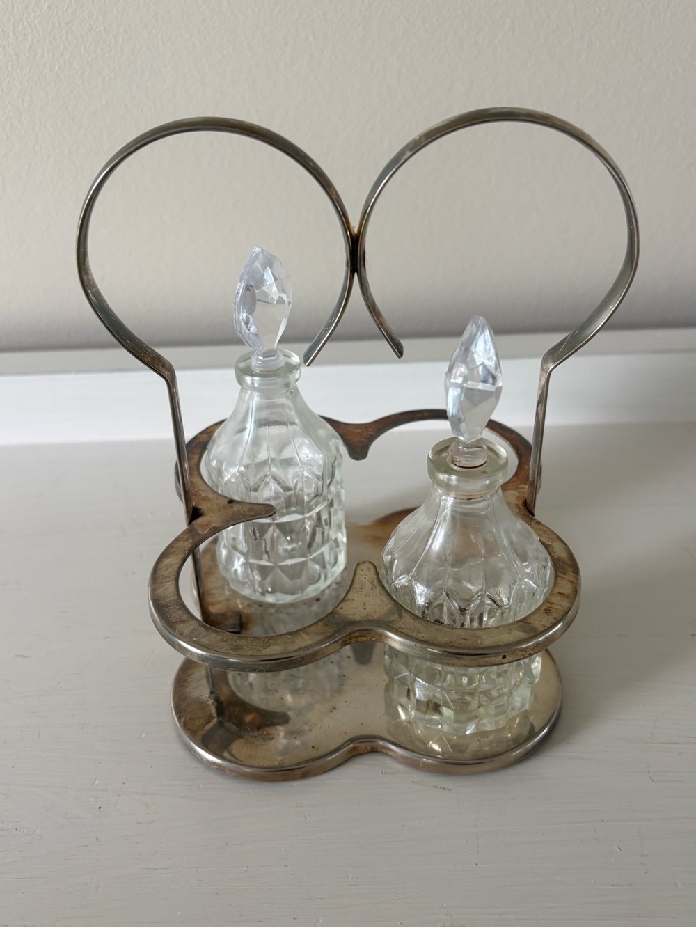 Vintage Glass Cruet Set with Silver-Tone Caddy
